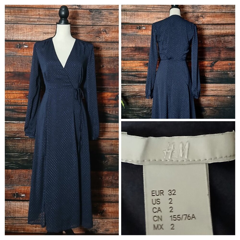 H&M Midi Wrap Dress Size 2 Long Sleeve Tie Textured Sheer Navy Blue